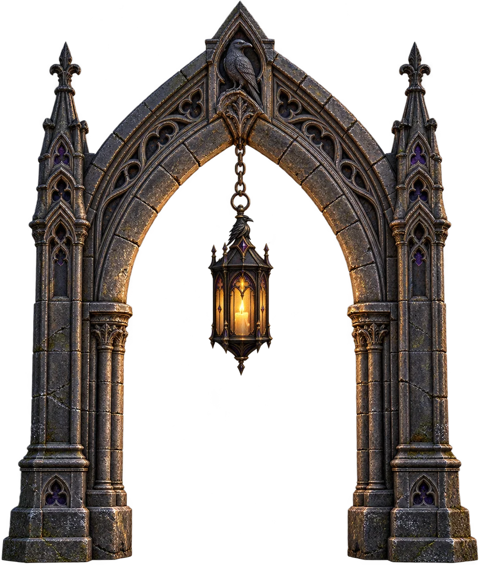 A carved stone archway with a raven at its peak and a lit lantern hanging beneath